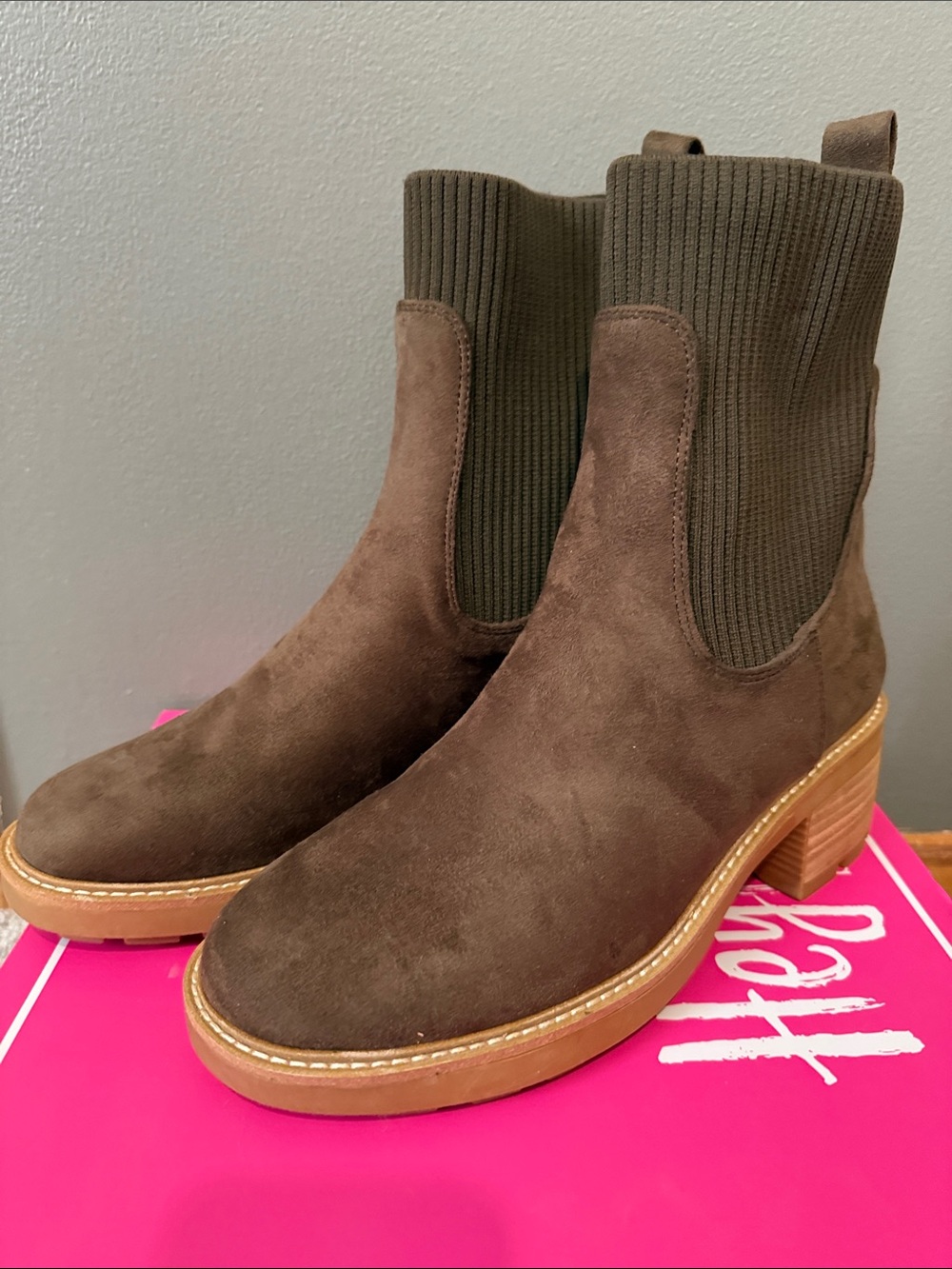 Corkys Brown Suede Chelsea Ankle Boots with Rib Knit Shaft
